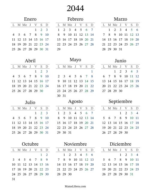 Calendario Del Año 2044 Con El Lunes Com Primer Día 2044