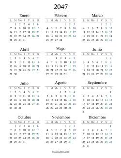 Calendario del Año 2047 con el lunes com primer día