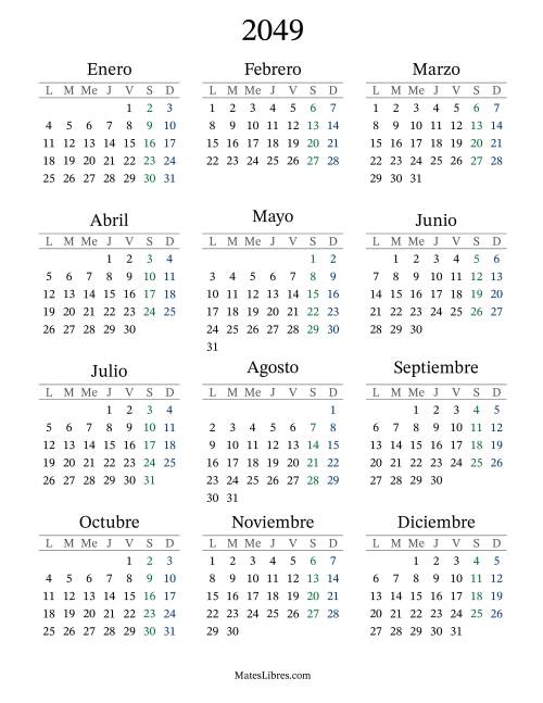 La hoja de ejercicios de Calendario del Año 2049 con el lunes com primer día (2049)