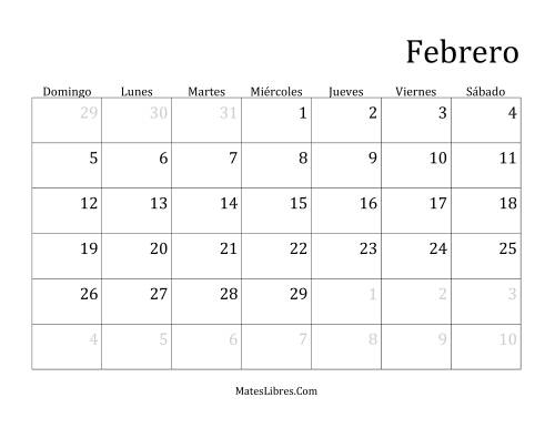 La hoja de ejercicios de Calendario Mensual de Años que comienzan en Domingo (Bisiesto) (Domingo) Página 2