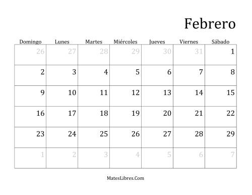 La hoja de ejercicios de Calendario Mensual de Años que comienzan en Miércoles (Bisiesto) (Miércoles) Página 2