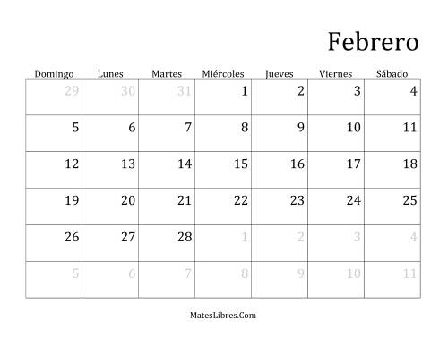 La hoja de ejercicios de Calendario Mensual de Años que comienzan en Domingo (Domingo) Página 2