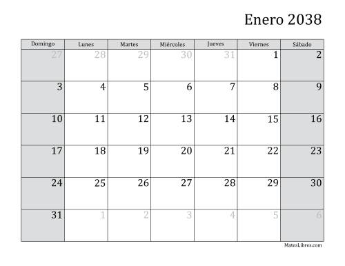 La hoja de ejercicios de Calendario Mensual de 2038 (2038)