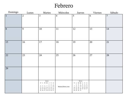 La hoja de ejercicios de Calendario Mensual Rellenable General bisiesto con el 1 de Enero que cae en Jueves (Formato de Domingo a Sábado) (Jueves) Página 2