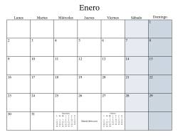 Calendario Mensual Rellenable General bisiesto con el 1 de Enero que cae en Domingo (Formato de Lunes a Domingo)