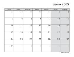 Calendario Mensual de 2005 con el Lunes como primer día de la semana