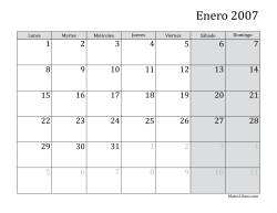 Calendario Mensual de 2007 con el Lunes como primer día de la semana