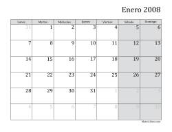 Calendario Mensual de 2008 con el Lunes como primer día de la semana