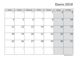 Calendario Mensual de 2010 con el Lunes como primer día de la semana