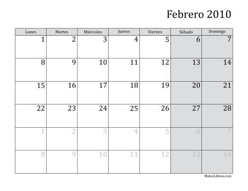 La hoja de ejercicios de Calendario Mensual de 2010 con el Lunes como primer día de la semana (2010) Página 2