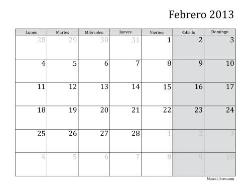 La hoja de ejercicios de Calendario Mensual de 2013 con el Lunes como primer día de la semana (2013) Página 2