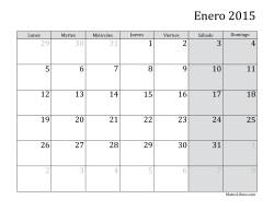 Calendario Mensual de 2015 con el Lunes como primer día de la semana