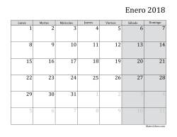 Calendario Mensual de 2018 con el Lunes como primer día de la semana