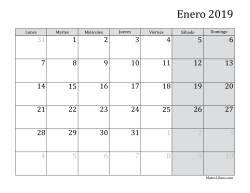 Calendario Mensual de 2019 con el Lunes como primer día de la semana