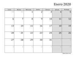 Calendario Mensual de 2020 con el Lunes como primer día de la semana