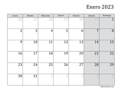 La hoja de ejercicios de Calendario Mensual de 2023 con el Lunes como primer día de la semana (2023)