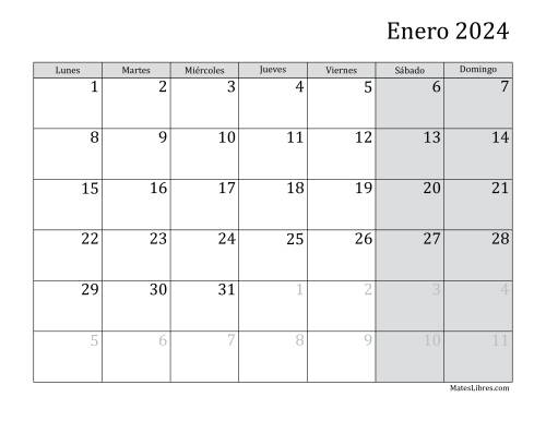 La hoja de ejercicios de Calendario Mensual de 2024 con el Lunes como primer día de la semana (2024)
