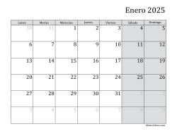 Calendario Mensual de 2025 con el Lunes como primer día de la semana