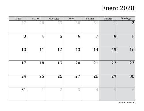 La hoja de ejercicios de Calendario Mensual de 2028 con el Lunes como primer día de la semana (2028)