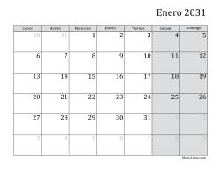 Calendario Mensual de 2031 con el Lunes como primer día de la semana