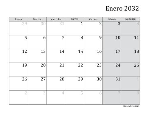 La hoja de ejercicios de Calendario Mensual de 2032 con el Lunes como primer día de la semana (2032)