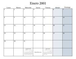 Calendario Mensual Rellenable del Año 2001 con el Lunes como primer día