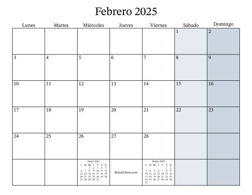 Calendario Mensual Rellenable del Año 2025 con el Lunes como primer día (2025)