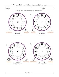 Representar la Hora en Relojes Analógicos de 12 Horas en Intervalos de 1 Minuto (4 Relojes Grandes)