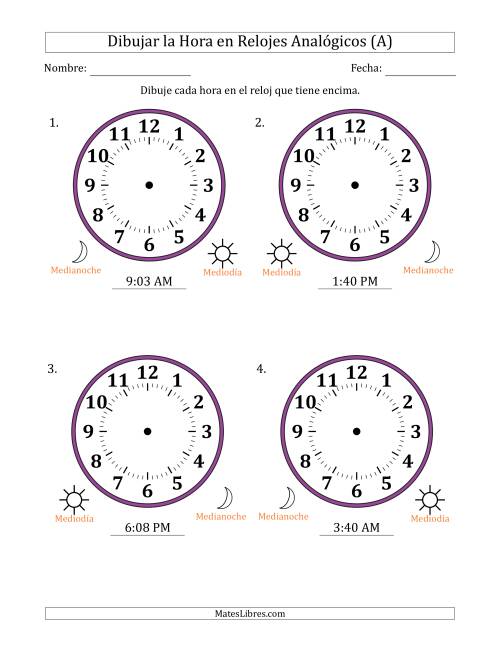 La hoja de ejercicios de Representar la Hora en Relojes Analógicos de 12 Horas en Intervalos de 1 Minuto (4 Relojes Grandes) (A)