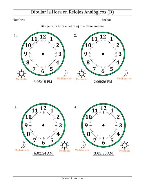 La hoja de ejercicios de Representar la Hora en Relojes Analógicos de 12 Horas en Intervalos de 1 Segundo (4 Relojes Grandes) (D)
