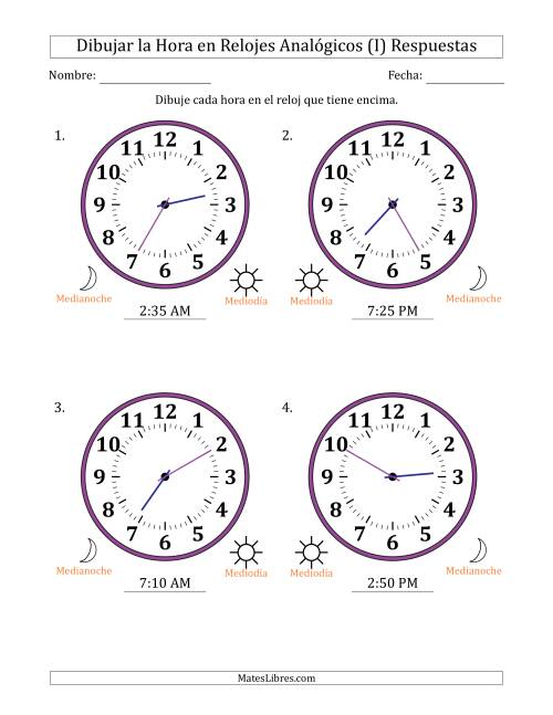La hoja de ejercicios de Representar la Hora en Relojes Analógicos de 12 Horas en Intervalos de 5 Minuto (4 Relojes Grandes) (I) Página 2