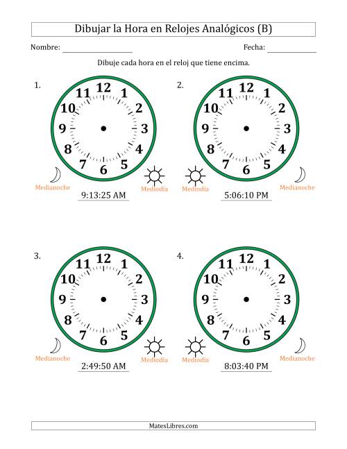 La hoja de ejercicios de Representar la Hora en Relojes Analógicos de 12 Horas en Intervalos de 5 Segundo (4 Relojes Grandes) (B)