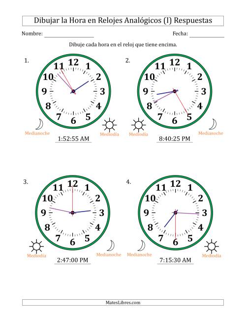 La hoja de ejercicios de Representar la Hora en Relojes Analógicos de 12 Horas en Intervalos de 5 Segundo (4 Relojes Grandes) (I) Página 2