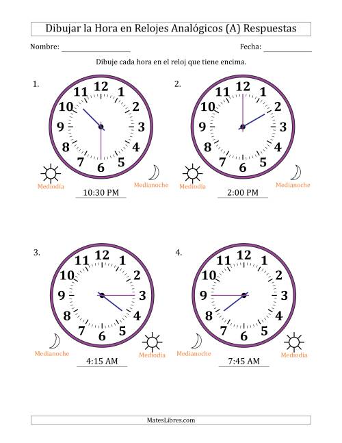 La hoja de ejercicios de Representar la Hora en Relojes Analógicos de 12 Horas en Intervalos de 15 Minuto (4 Relojes Grandes) (A) Página 2