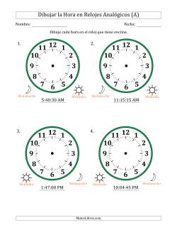 Representar la Hora en Relojes Analógicos de 12 Horas en Intervalos de 15 Segundo (4 Relojes Grandes)