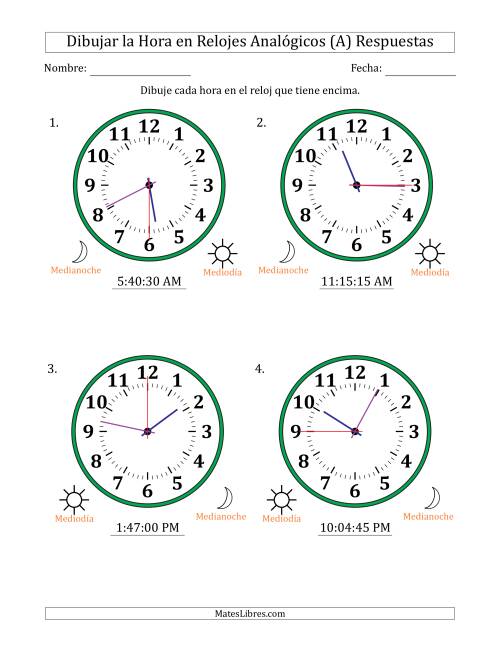 La hoja de ejercicios de Representar la Hora en Relojes Analógicos de 12 Horas en Intervalos de 15 Segundo (4 Relojes Grandes) (A) Página 2