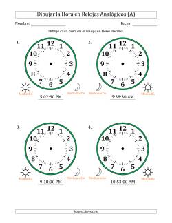 Representar la Hora en Relojes Analógicos de 12 Horas en Intervalos de 30 Segundo (4 Relojes Grandes)