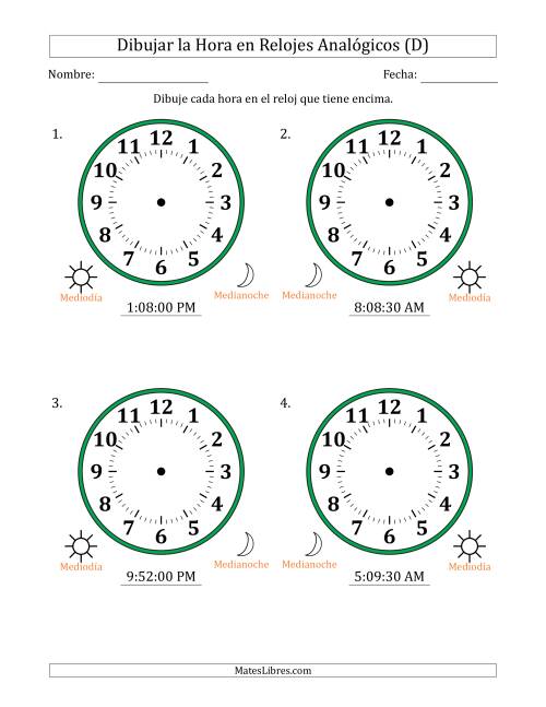 La hoja de ejercicios de Representar la Hora en Relojes Analógicos de 12 Horas en Intervalos de 30 Segundo (4 Relojes Grandes) (D)