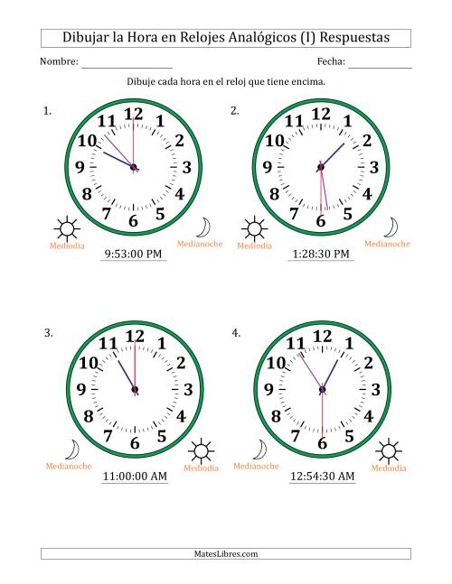 La hoja de ejercicios de Representar la Hora en Relojes Analógicos de 12 Horas en Intervalos de 30 Segundo (4 Relojes Grandes) (I) Página 2