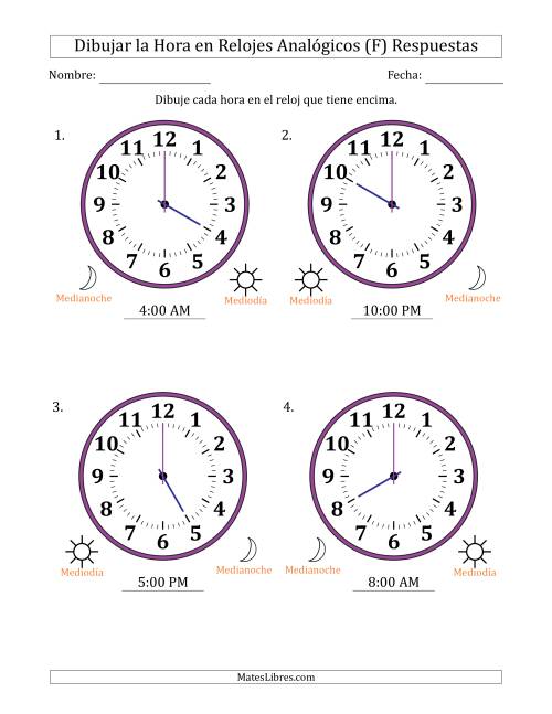 La hoja de ejercicios de Representar la Hora en Relojes Analógicos de 12 Horas en Intervalos de 1 Hora (4 Relojes Grandes) (F) Página 2