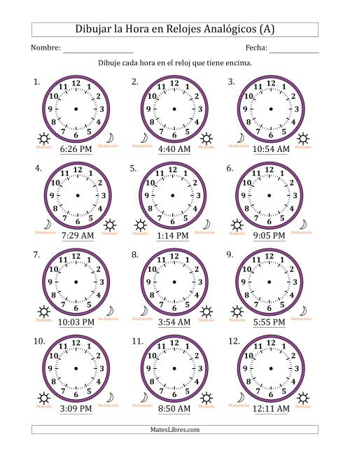 La hoja de ejercicios de Representar la Hora en Relojes Analógicos de 12 Horas en Intervalos de 1 Minuto (12 Relojes) (A)