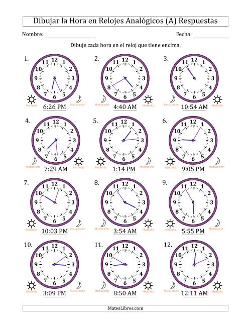 La hoja de ejercicios de Representar la Hora en Relojes Analógicos de 12 Horas en Intervalos de 1 Minuto (12 Relojes) (A) Página 2
