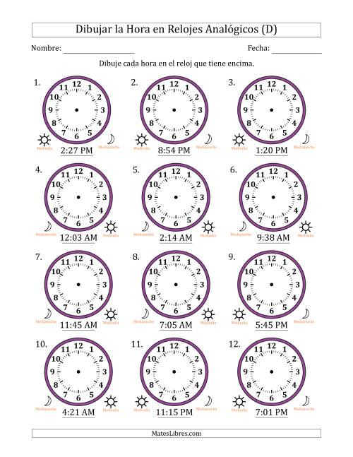 La hoja de ejercicios de Representar la Hora en Relojes Analógicos de 12 Horas en Intervalos de 1 Minuto (12 Relojes) (D)