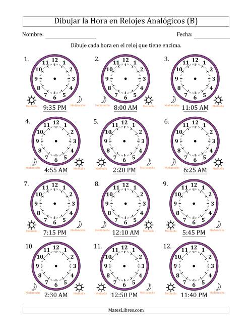 La hoja de ejercicios de Representar la Hora en Relojes Analógicos de 12 Horas en Intervalos de 5 Minuto (12 Relojes) (B)