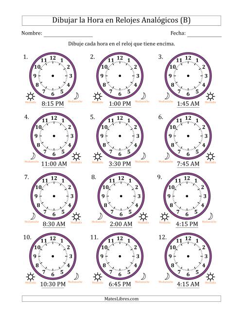 La hoja de ejercicios de Representar la Hora en Relojes Analógicos de 12 Horas en Intervalos de 15 Minuto (12 Relojes) (B)