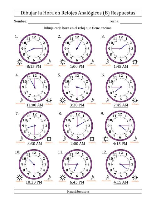 La hoja de ejercicios de Representar la Hora en Relojes Analógicos de 12 Horas en Intervalos de 15 Minuto (12 Relojes) (B) Página 2