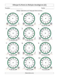 Representar la Hora en Relojes Analógicos de 12 Horas en Intervalos de 15 Segundo (12 Relojes)