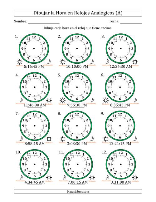 La hoja de ejercicios de Representar la Hora en Relojes Analógicos de 12 Horas en Intervalos de 15 Segundo (12 Relojes) (A)