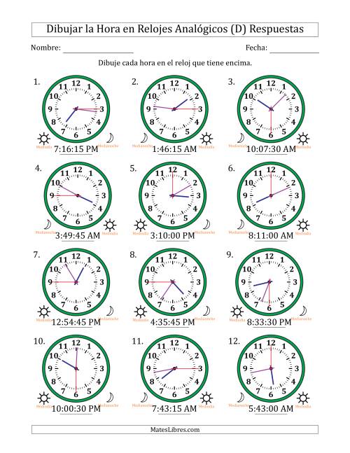 La hoja de ejercicios de Representar la Hora en Relojes Analógicos de 12 Horas en Intervalos de 15 Segundo (12 Relojes) (D) Página 2