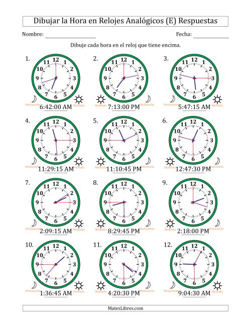 La hoja de ejercicios de Representar la Hora en Relojes Analógicos de 12 Horas en Intervalos de 15 Segundo (12 Relojes) (E) Página 2